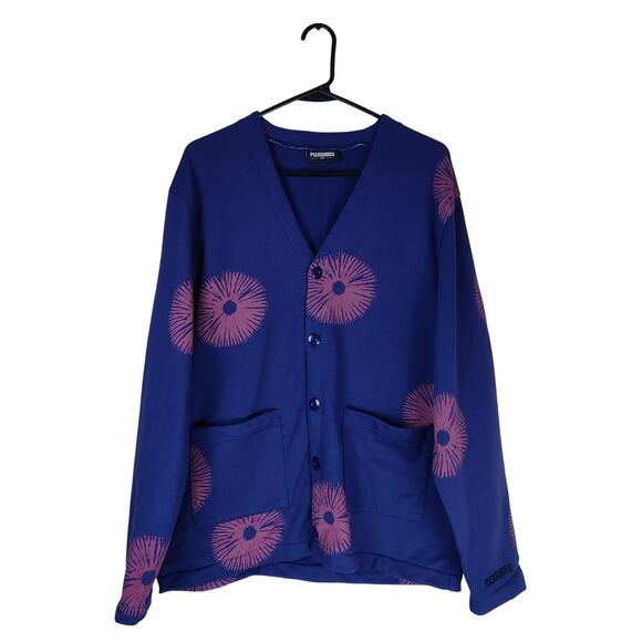 Pleasures Now Freeze Blue Cardigan Sweater Spore Print Large Streetwear Indie - Picture 1 of 13